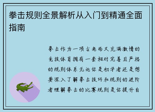 拳击规则全景解析从入门到精通全面指南 拳击规则全景解析从入门到精通全面指南