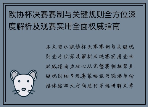 欧协杯决赛赛制与关键规则全方位深度解析及观赛实用全面权威指南 欧协杯决赛赛制与关键规则全方位深度解析及观赛实用全面权威指南
