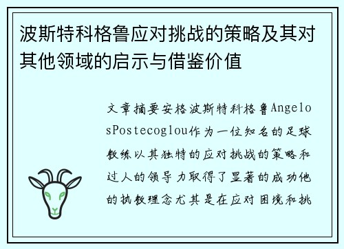 波斯特科格鲁应对挑战的策略及其对其他领域的启示与借鉴价值